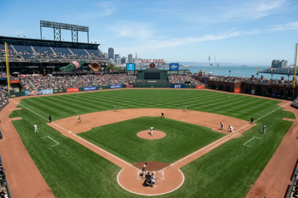 Baseball field from behind home plate showing the full diamond layout