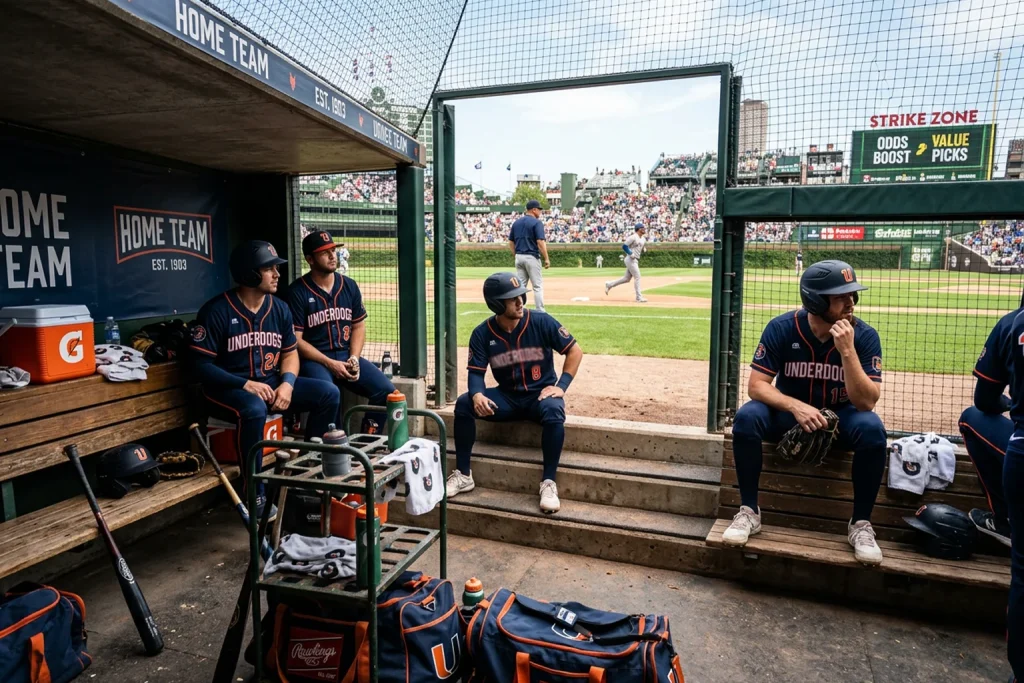 Baseball dugout with players watching the game from the bench