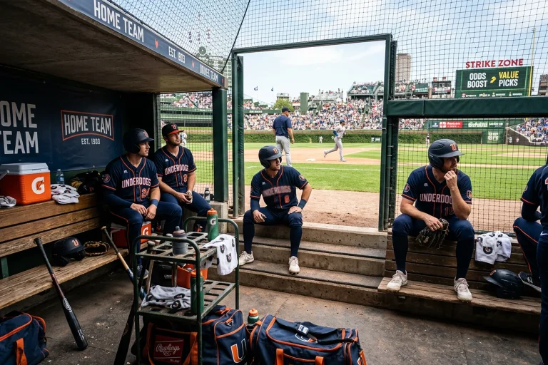 Baseball dugout with players watching the game from the bench
