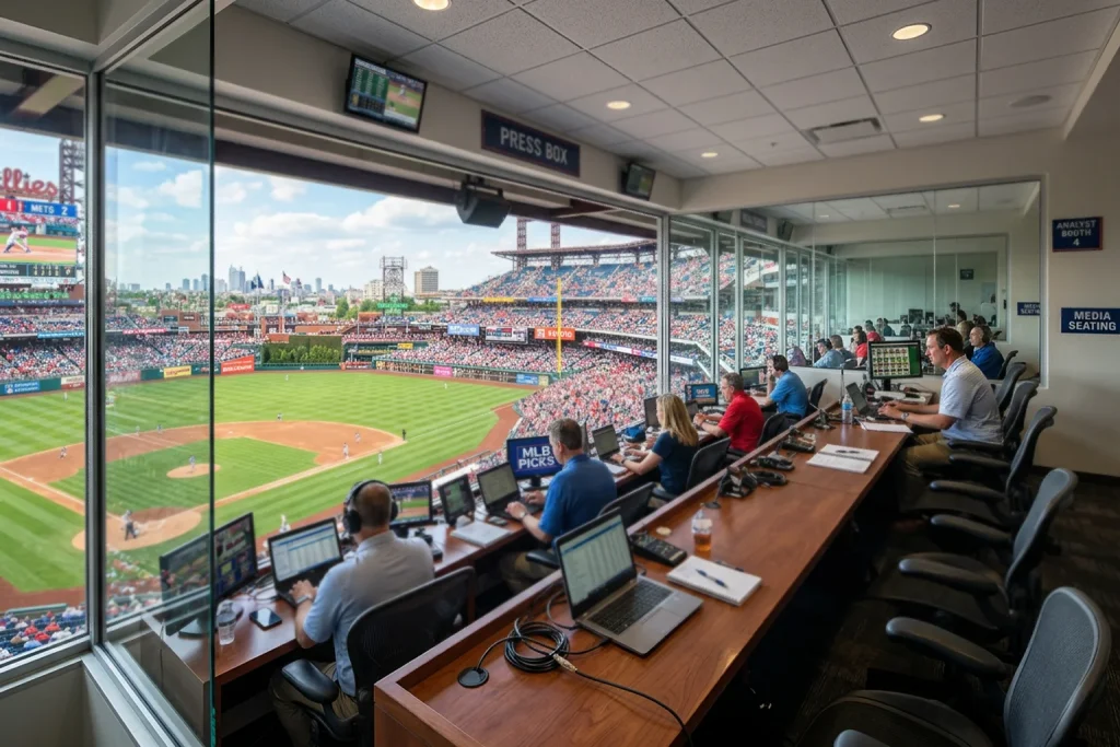 Baseball stadium press box area where analysts review game data