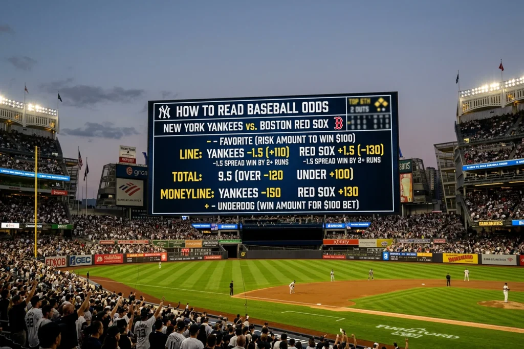 Baseball field scoreboard displaying game odds and betting lines