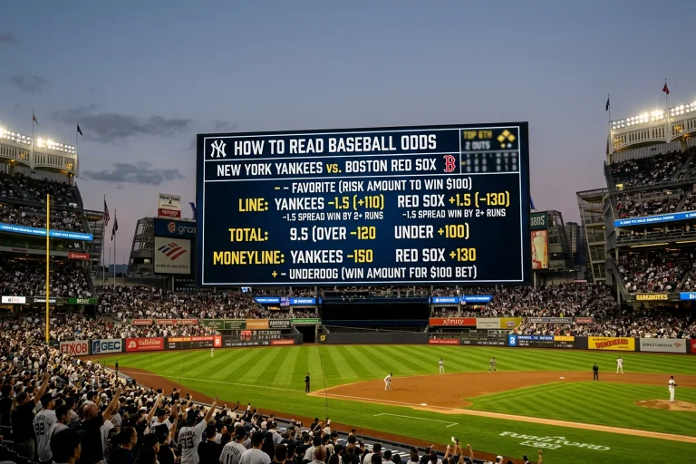 Baseball field scoreboard displaying game odds and betting lines