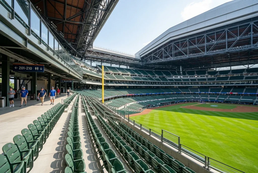 Baseball stadium empty seats with betting window visible in concourse
