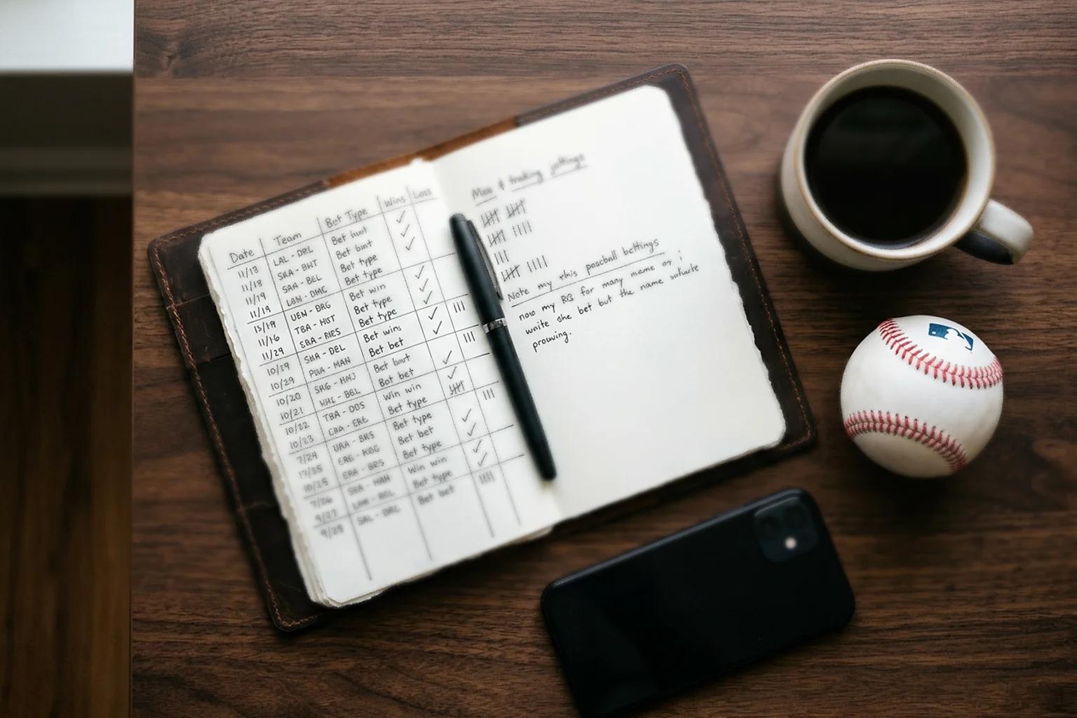 Notebook with betting unit calculations and bankroll tracking spreadsheet