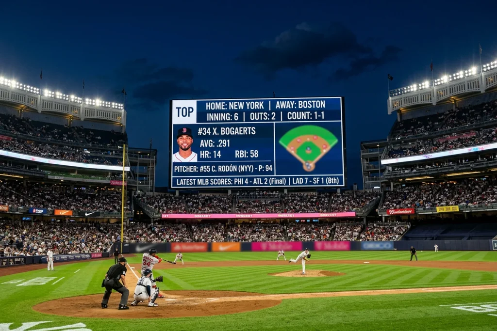 Baseball stadium with digital statistics display showing player data