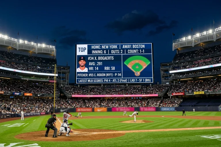 Baseball stadium with digital statistics display showing player data