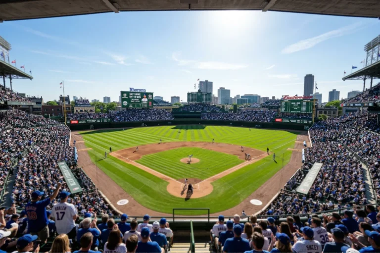 Baseball stadium during bright afternoon day game with sun shining