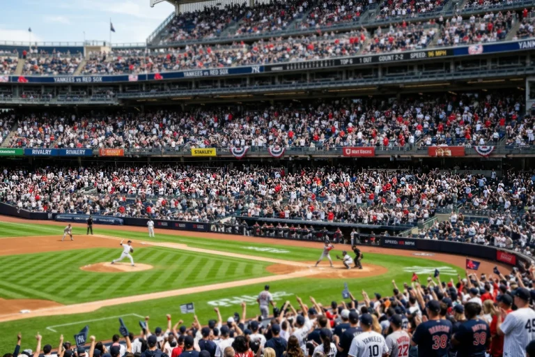 Baseball stadium packed with rival team fans during divisional matchup