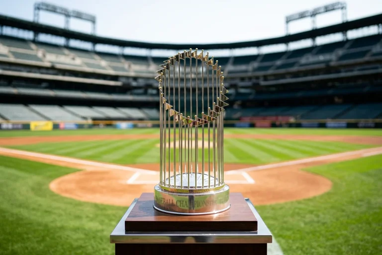 Baseball championship trophy on display with stadium background