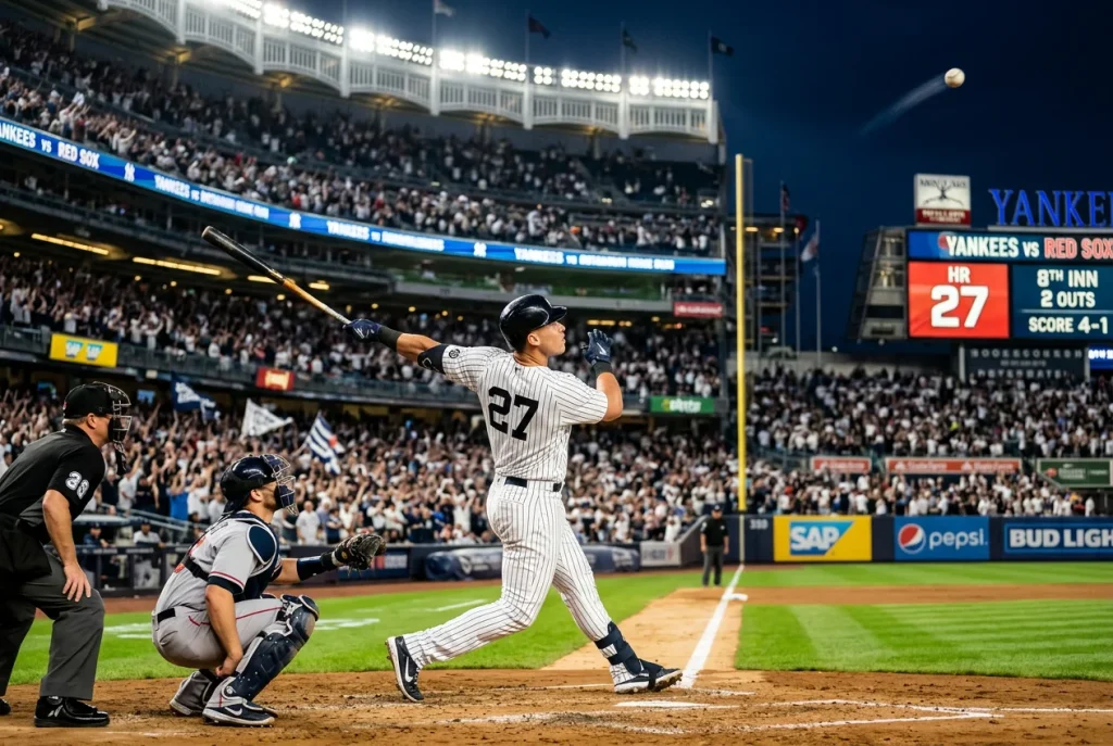 Baseball batter following through on a powerful swing at home plate