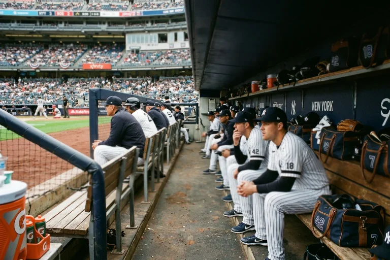 Baseball dugout with trainer attending to player on bench