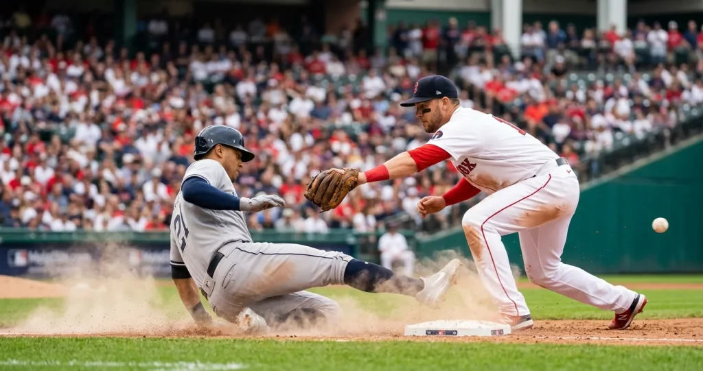 Baseball game action with runner stealing base during live play