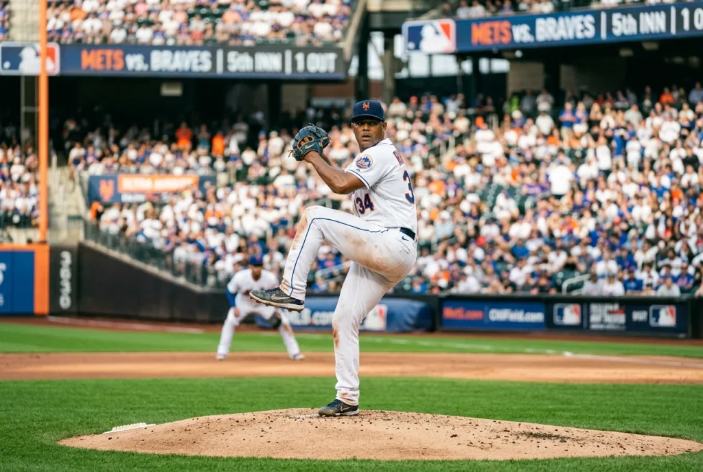 Baseball pitcher in mid-windup delivery stance on the pitcher mound