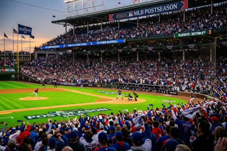 Baseball playoff game with packed stadium and postseason atmosphere