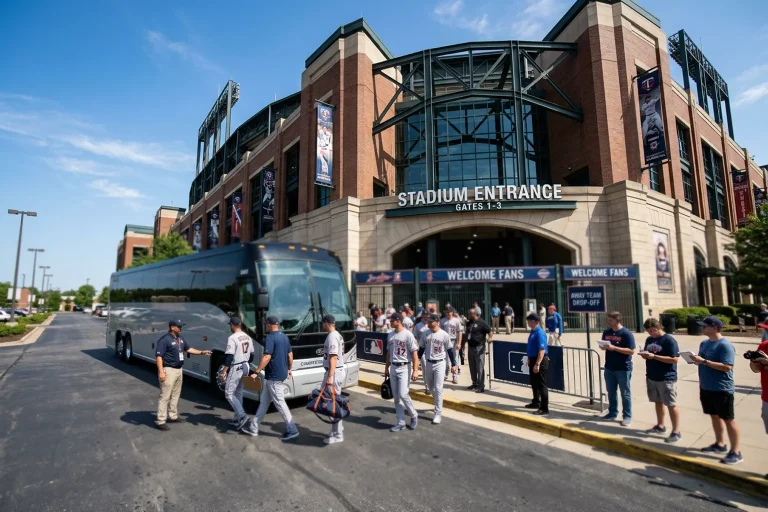 Baseball team bus arriving at away stadium for road game