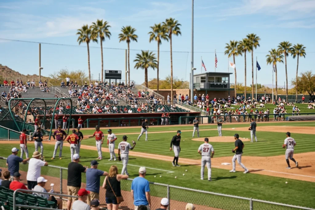 Baseball spring training facility with players practicing on field