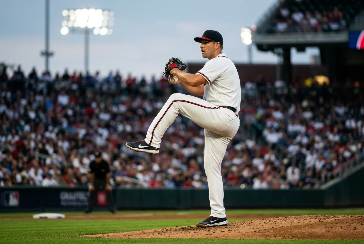 Baseball pitcher on mound during MLB game with statistical overlay