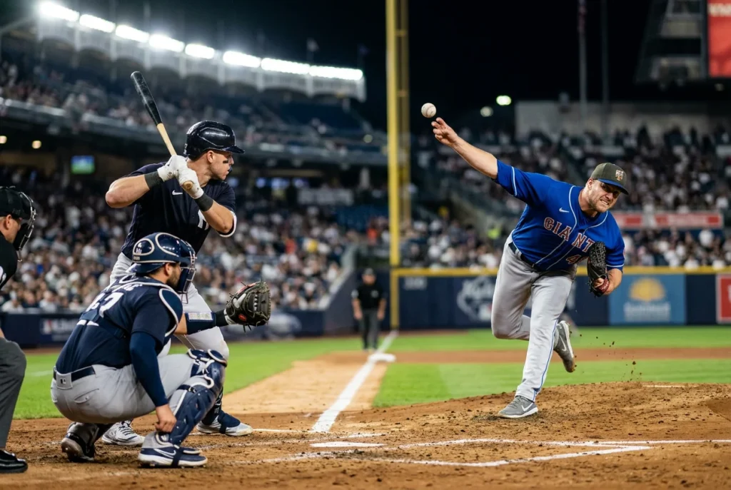 Baseball pitcher delivering a fastball with intense pitching motion