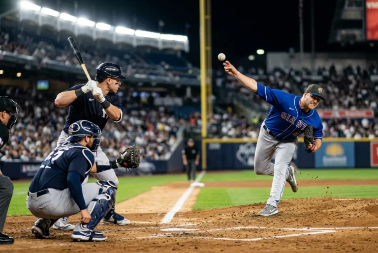 Baseball pitcher delivering a fastball with intense pitching motion