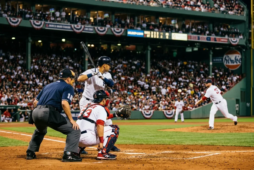 Baseball home plate umpire in position behind catcher calling a pitch