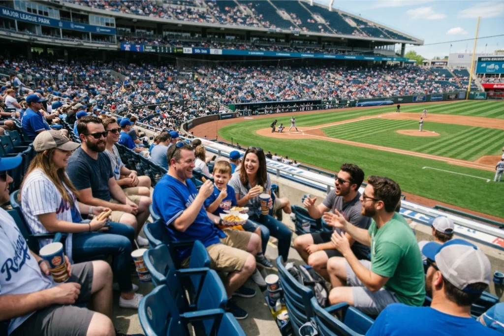 Baseball fans enjoying game from stadium seats in relaxed atmosphere