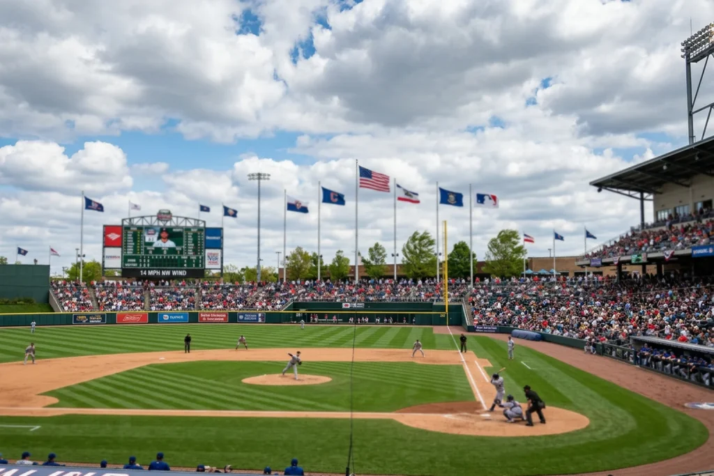Baseball stadium with flags waving showing wind conditions during game