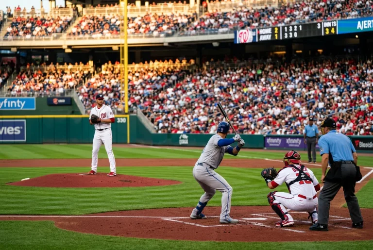 Baseball pitcher on the mound at the start of a game with batter ready at home plate